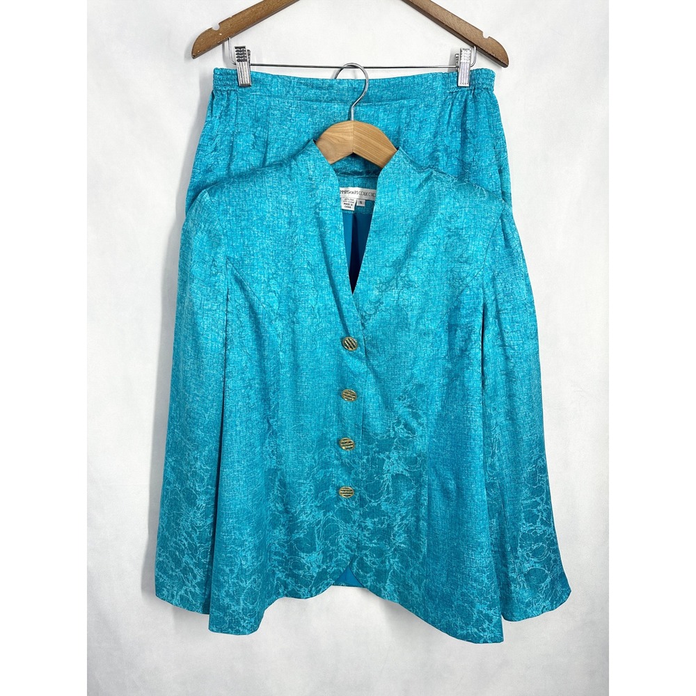 Vintage Anne Crimmins for UMI 100% Silk Turquoise Skirt Suit Set Women's Size 16
